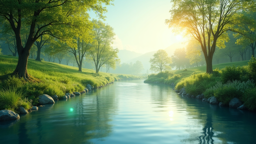 A serene nature scene, such as a peaceful sunlit path or tranquil lake, representing a calming and welcoming environment